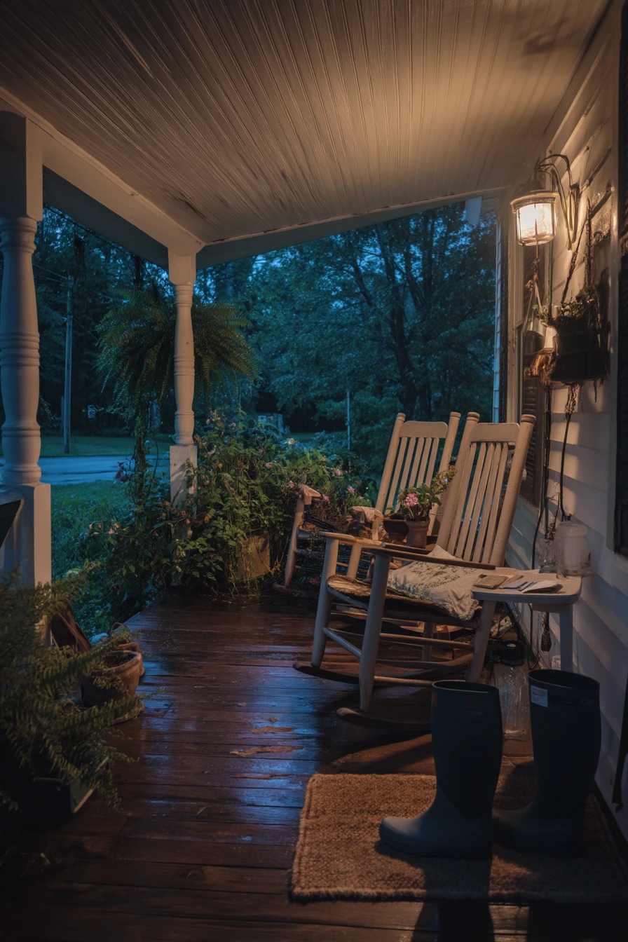 10. Evening Front Porch With Soft Glow Vinyl Beadboard
