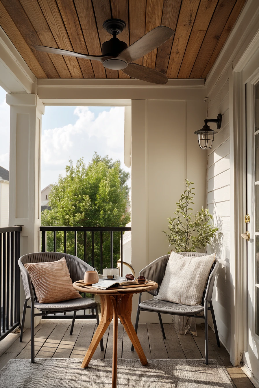 2. Small Porch Seating Nook With Wood-Look Vinyl Panels