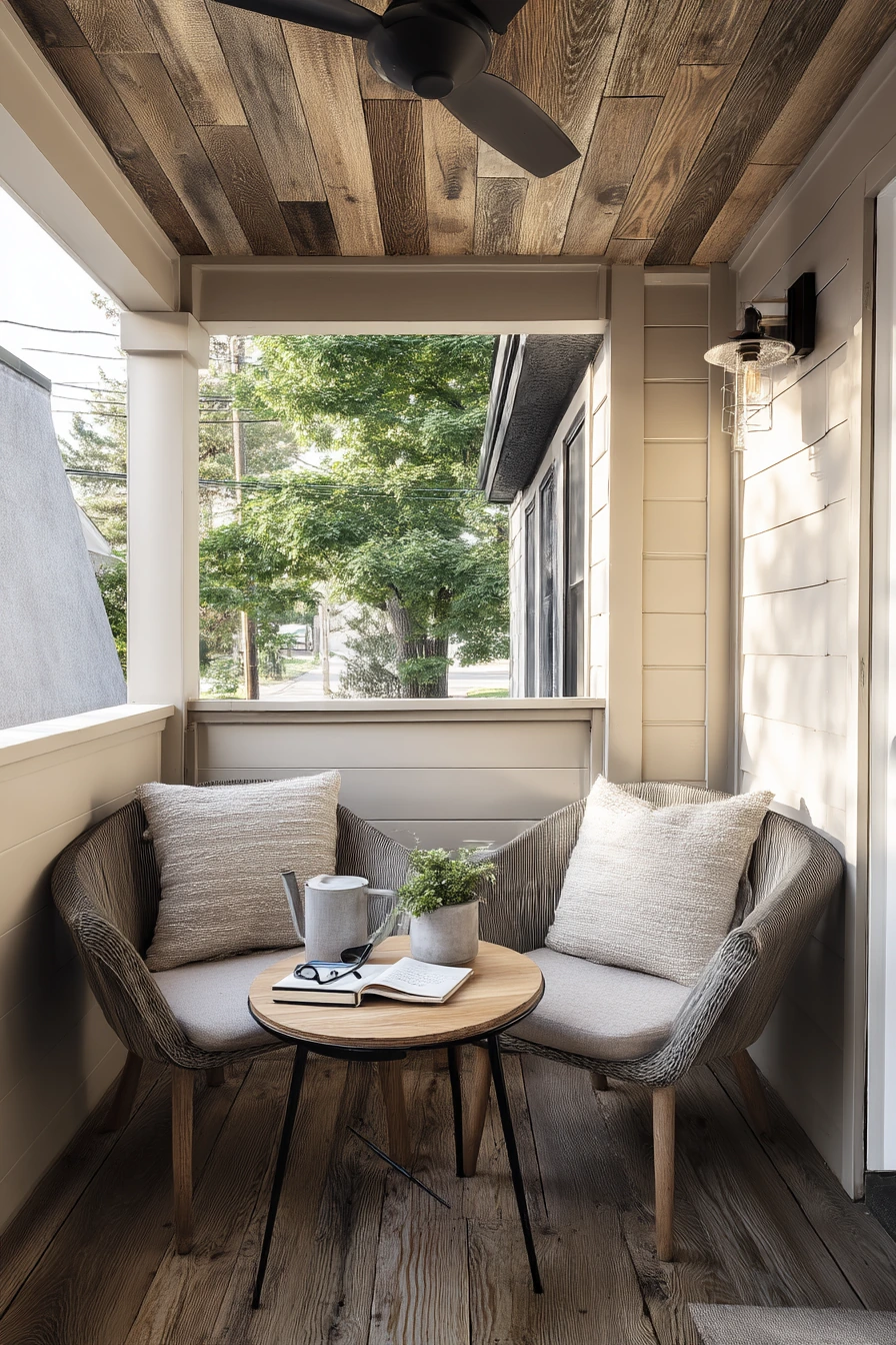 2. Small Porch Seating Nook With Wood-Look Vinyl Panels