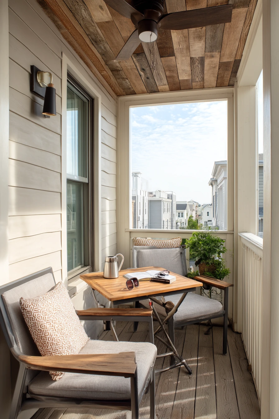 2. Small Porch Seating Nook With Wood-Look Vinyl Panels