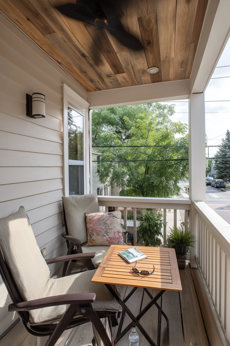 2. Small Porch Seating Nook With Wood-Look Vinyl Panels