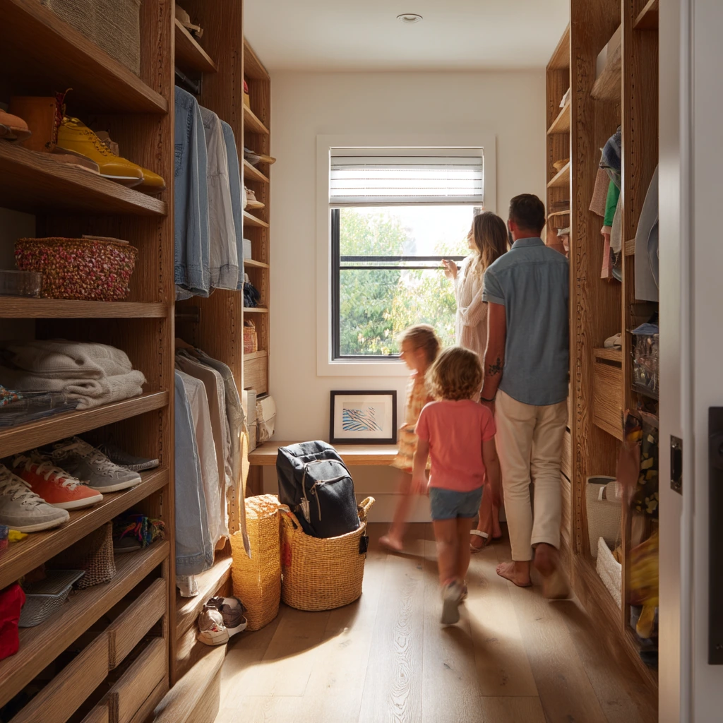 Family Closet with Shared Storage and Morning Rush
