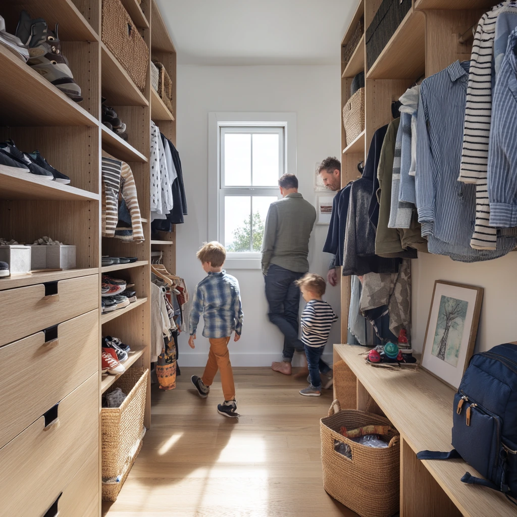 Family Closet with Shared Storage and Morning Rush