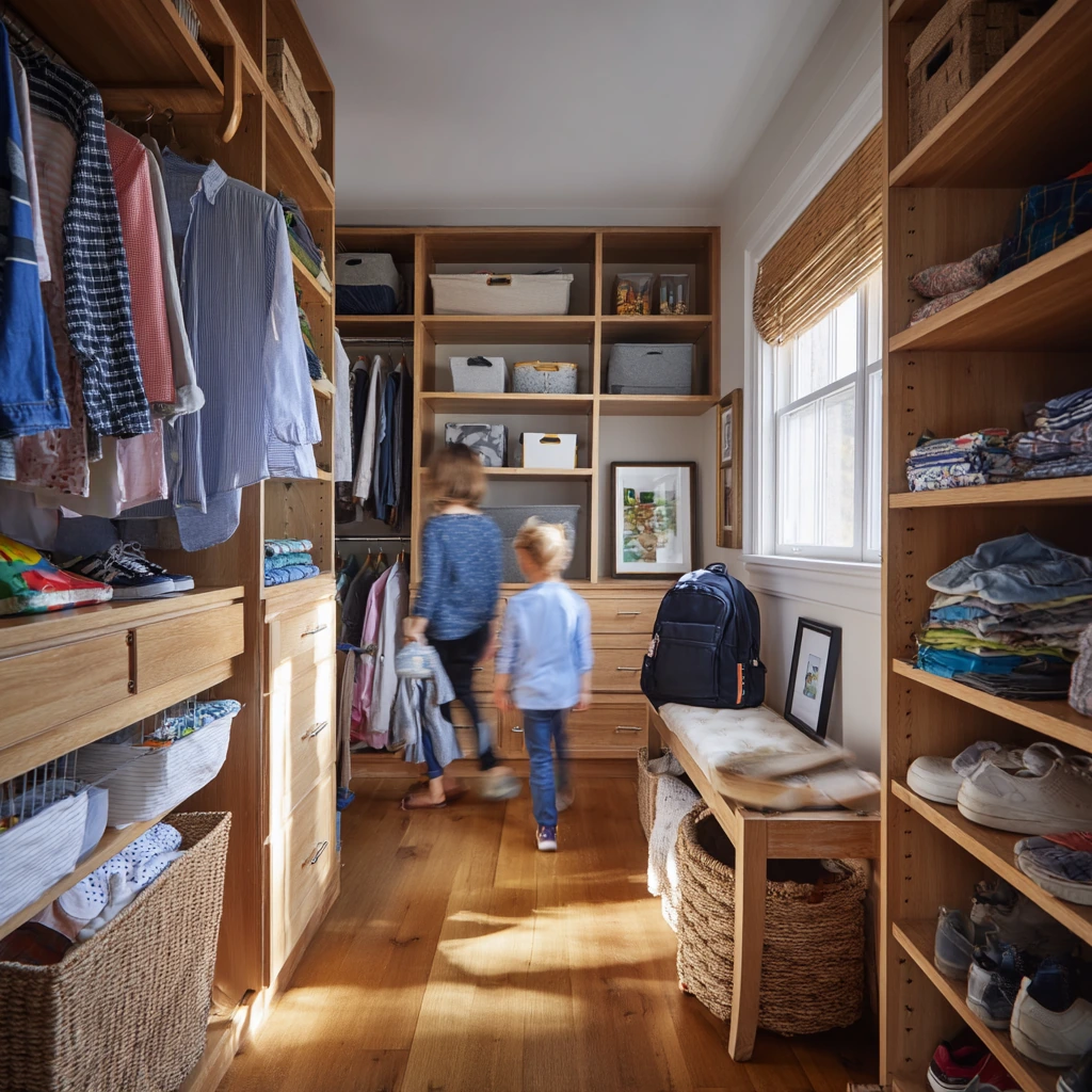 Family Closet with Shared Storage and Morning Rush