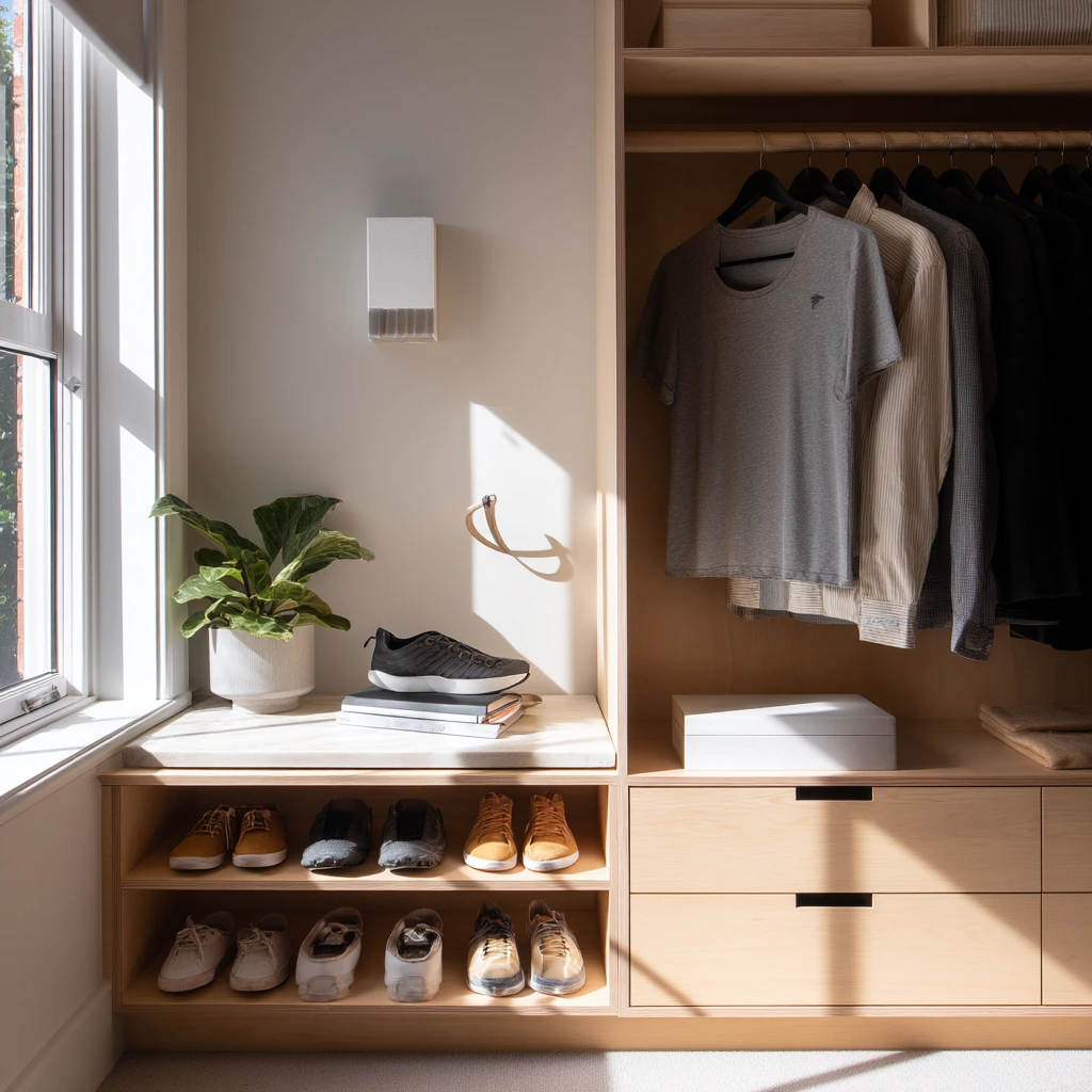Minimal Walk-In Closet for a Couple Who Loves Calm