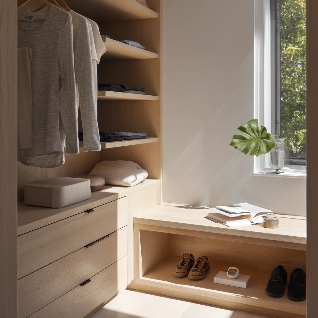 Minimal Walk-In Closet for a Couple Who Loves Calm