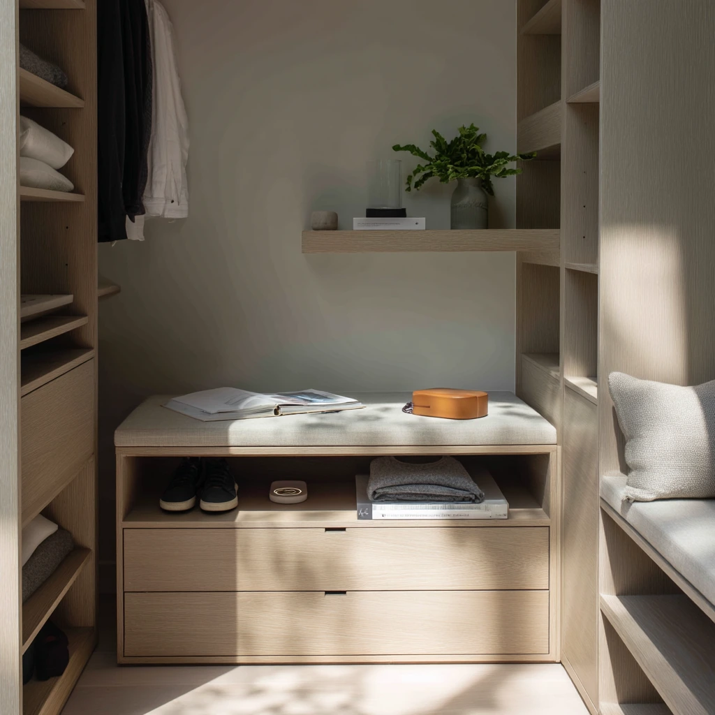 Minimal Walk-In Closet for a Couple Who Loves Calm