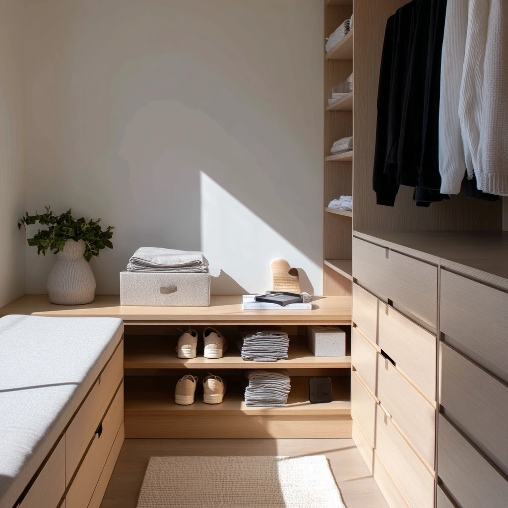 Minimal Walk-In Closet for a Couple Who Loves Calm