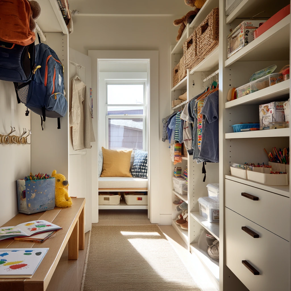 Kids’ Shared Walk-In Closet with Playful Order