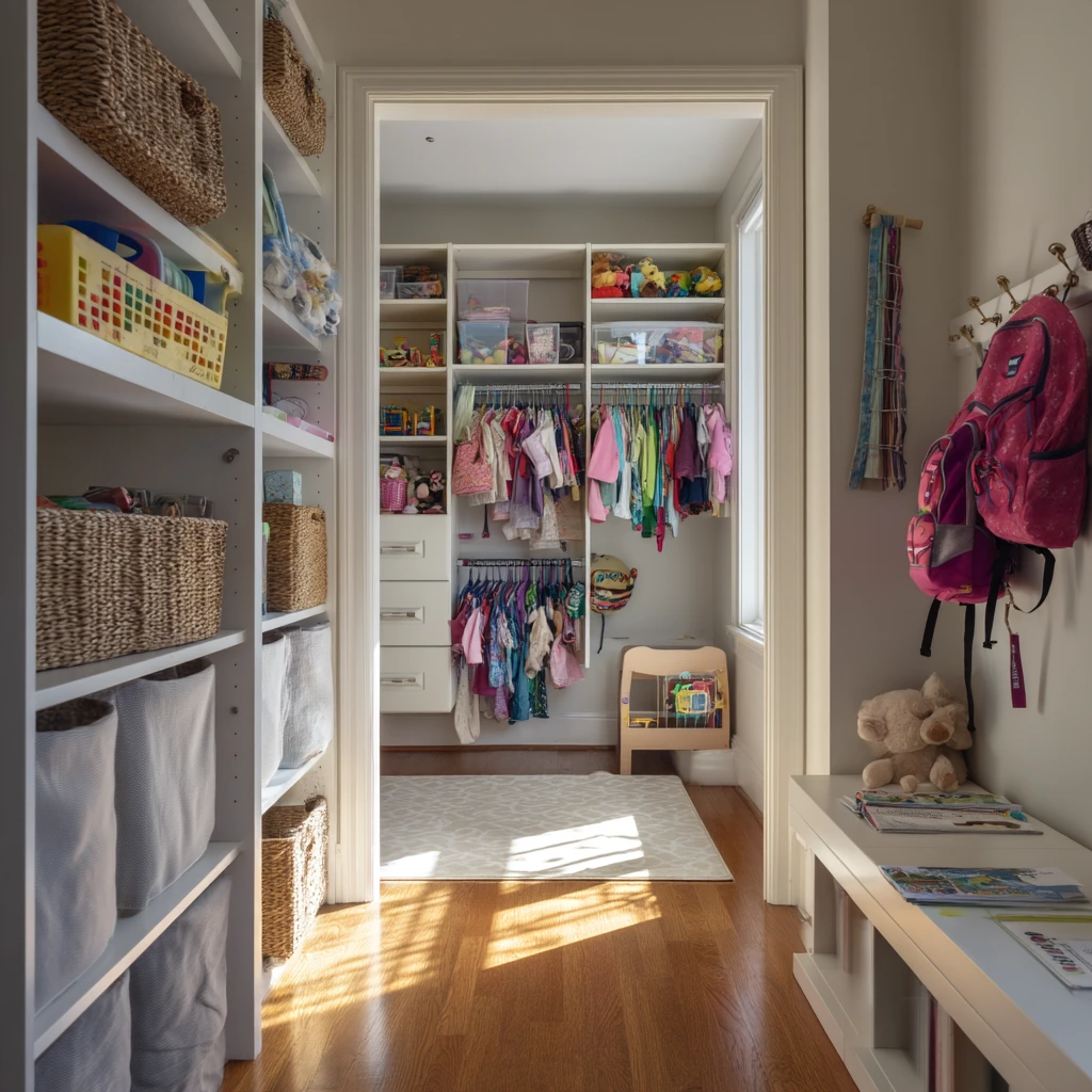 Kids’ Shared Walk-In Closet with Playful Order