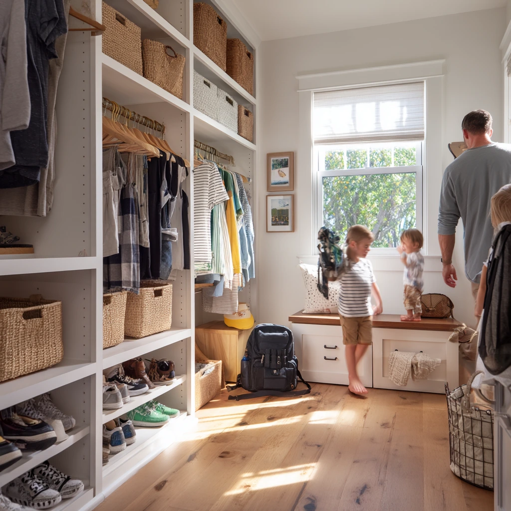 Family Closet with Shared Storage and Morning Rush